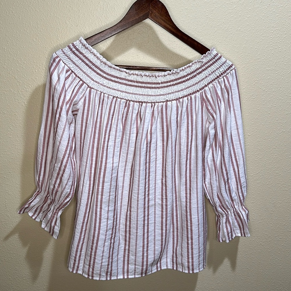 And The Why small Women’s Striped Off Shoulder Peasant Top